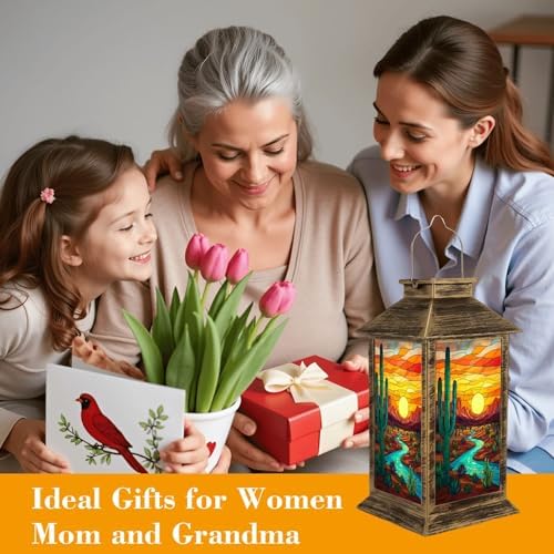 Solar Lantern Outdoor Waterproof Desert Landscape Saguaro Cactus Flowing River Stained Glass Style Garden Decor LED Hanging Solar Lights Tabletop Lamp Gifts for Women Mom Outside Yard Patio Porch - Image 4
