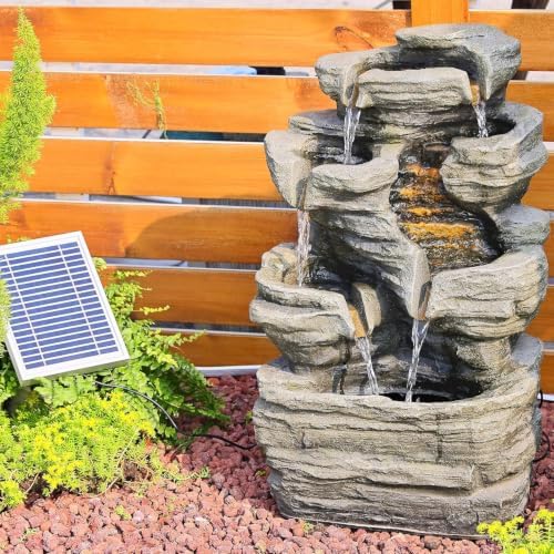 Solar Rock Waterfall Fountain Outdoor, Resin Cascading Garden Water Feature with Multi-Stream Flow for Patio Backyard Yard Décor, Solar Water Fountain by Bumilgar