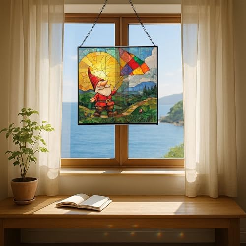 Kite String Gnome Stained Glass Suncatcher – Square Hanging Window Panel for Home or Greenhouse – Whimsical Glass Art Gift for Garden Lovers, Christmas, Halloween, Father Days 82ELcz - Image 6