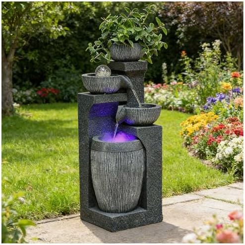 26.8" Tall Water Fountain Outdoor Garden, 4 Tiers Modern Cascading Bowls Water Fountain Outdoor Indoor Garden with LED Lights & Atomizer for Patio, Deck, Porch, Backyard Art Decor,C by Unknown