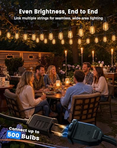 110FT(100+10) String Lights Outdoor, 2FT Bulb Spacing, Waterproof Shatterproof Warm White ST38 LED Edison Bulbs, Extension Cord, Plug in Connectable Hanging Patio Lights for Outside, Backyard - Image 4