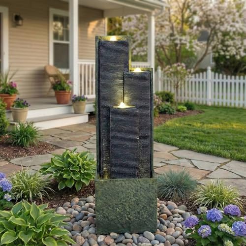 Modern Geometric Design Water Fountain Outdoor with LED Lights, 23.6" Tall Cascading Water Feature for Patio, Lawn, Backyard & Garden, Water Fountain Decor (Modern Geometry 40" H) - Image 5