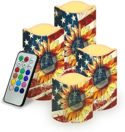 USA Flag and Sunflower Flameless Candles with Remote Control and Color Changing Decorations Indoor Electric Candles for Home Fireplace Kitchen Pack of 4 Fake Candles by Uorisanigo