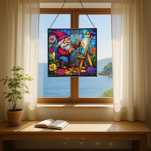 Painter Gnome at Work Stained Glass Suncatcher – Square Hanging Window Panel for Home or Greenhouse – Whimsical Glass Art Gift for Garden Lovers, Christmas, Halloween, Father Days qzln3W - Image 6