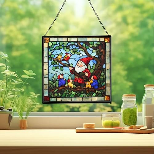 Gnome with Baby Birds Stained Glass Suncatcher – Square Hanging Window Panel for Home, Garden, Nursery, Halloween, Christmas, Memorial Day – Whimsical Glass Art Gift for Gnome Lovers 4u5en2 - Image 2