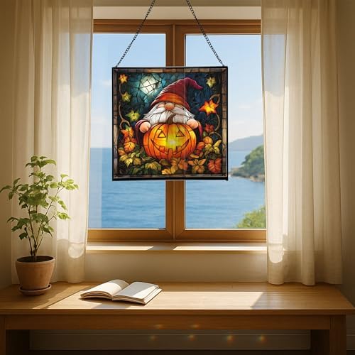 Gnome Pumpkin Lantern Stained Glass Suncatcher – Square Hanging Window Panel for Home or Greenhouse – Whimsical Glass Art Gift for Garden Lovers, Christmas, Halloween, Father Days YYOCot - Image 6