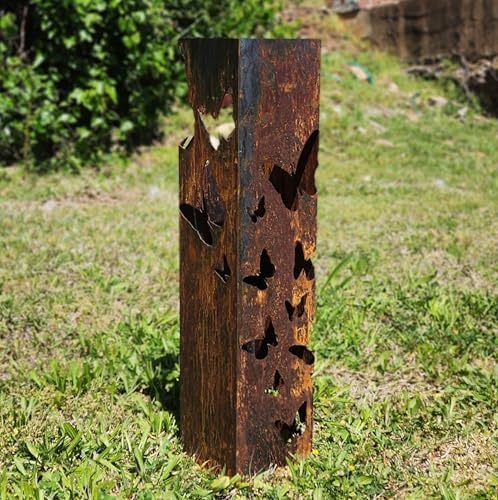 Butterfly Garden Column - Garden Decor - Garden Statue - Well Cover - Landscape Light Cover - Utility Cover (24" T x 5.75" W x 5.75" D with NO LID) by Maker+Table+Metal