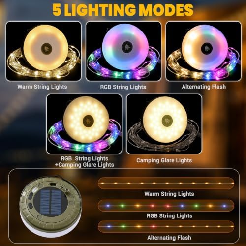 2Pack Solar Camping String Lights, 32.8FT Warm/RGB Rechargeable Tent Lights - Image 2