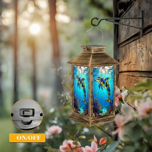 Solar Lantern Outdoor Waterproof Colorful Stained Glass Dolphin Swimming Vibrant Underwater Scene Garden Decor LED Hanging Solar Lights Tabletop Lamp Gifts for Women Mom Outside Yard Patio Porch - Image 5