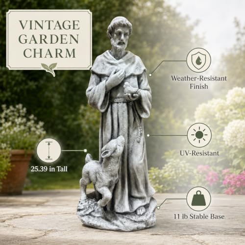 25.39 Inch St Francis Garden Statue With Lamb And Bird, Large Yard Statues - Image 5