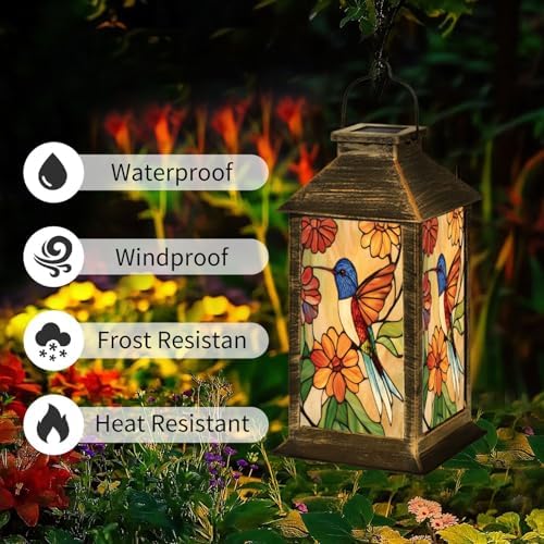Solar Lantern Stained Glass Flowers Bird Window Decor Gifts Outdoor Waterproof Garden Hanging Lantern Solar Powered Lighting Outside Table Lamp for Patio Deck Camping 1 Pack - Image 2