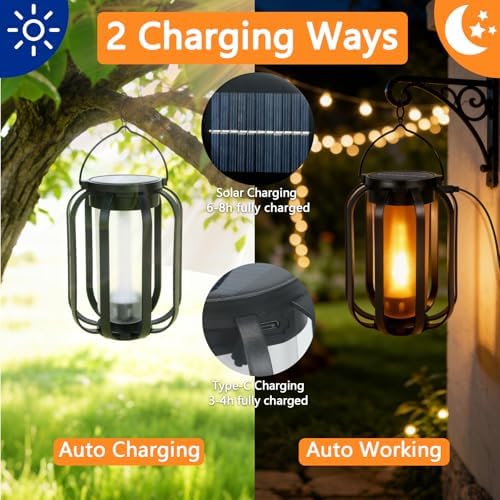 2 Pack Solar Lantern Lights Outdoor Waterproof Flickering Flame Light, Solar Lights with Dual Charging (USB/Solar) & 4 Modes Hanging Camping Light for Yard Patio Path Tree Porch Garden Decoration - Image 7