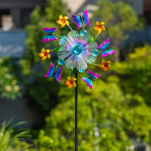 44" Butterfly Wind Spinners Garden Stake, Solar Flower Butterfly Wind Sculpture Yard Art Decorations for Lawn, Patio & Yard & Garden Decor, Metal Whirligigs Wind Spinners Outdoor Decor - Image 5