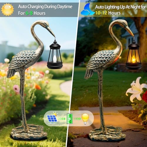 Solar Garden Statue Crane Figurine, Outdoor Hanging Solar Lanterns, 17.7 Inch Blue Heron Sculpture Statue for Patio Yard Porch, Garden Decor for Outside Birthday Gifts for Mom, Women Mother's Day - Image 3
