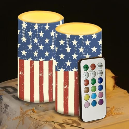 Painting Style USA Flag Flameless Candles with Remote and Timers Flickering Battery Operated Candles Outdoor LED Pillar Candles for Independence Day Patriotic Decoration Set of 2 - Image 4