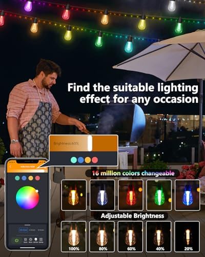 Flacchi Smart Outdoor Patio Lights - 46ft Smart S14 Christmas String Lights, Waterproof Shatterproof Bluetooth APP Remote Control Dimmable for Balcony, Backyard, Party, Holiday (RGB & Warm White) - Image 6