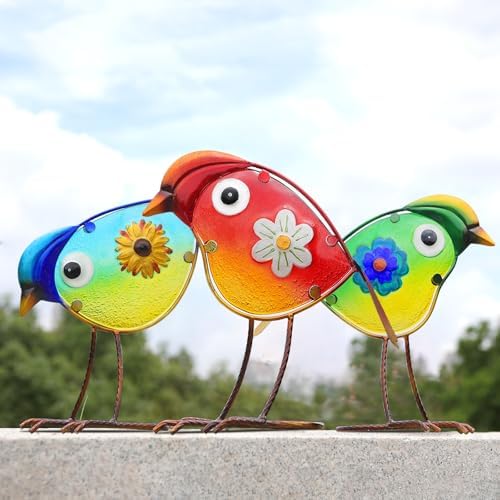 Bird Garden Decor Set of 3 Metal Glass Outdoor Yard Art Patio Lawn Decor by LEGIFOGardenDecor