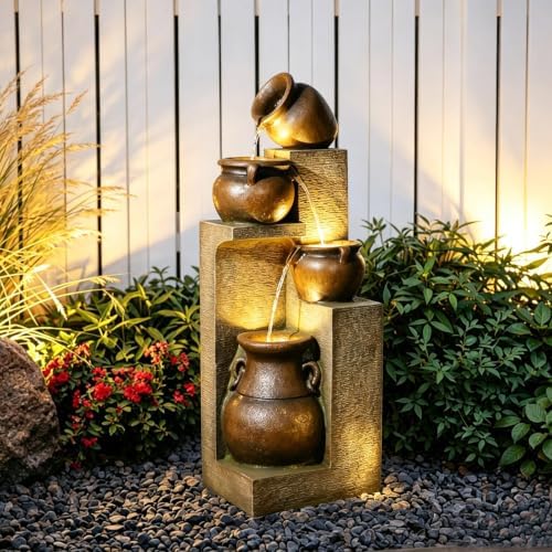 Bumilgar 53" H Patio Water Fountain - The 4 Cascading Modern Feature Crocks Garden Fountains and Waterfalls with Warm Lights for Porch, Deck, Patio, Backyard Home Décor (Gold) by Bumilgar