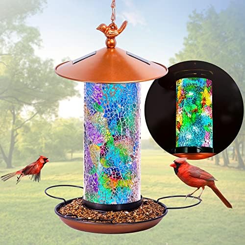 XDW-GIFTS Mosaic Solar Bird Feeder, Waterproof Lantern Shape with Hook & 4 LED Lights, Garden Decor for Lawn, Patio, Balcony, Yard Ornament - Unique Gifts for Mom,Women,Grandma,Bird Lovers by XDW-GIFTS