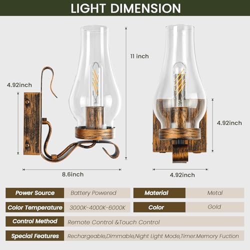 Battery Operated Wall Sconces, Rustic Wall Lights Set of 2, Non-Hardwired Antique Kerosene Wall Lamps, Vintage Bedside Distressed Gold Wall Sconces with Remote for Living Room Bedroom Hallway - Image 4