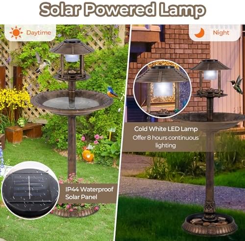LDAILY Outdoor Bird Bath, 42’’ Solar Lighted Pedestal Birdbaths with Birds Feeder ,20’’ Water Bowl, Flower Planters and 3 Stakes, Attract Birds Antique Bird Bath for Outside Garden, Yard (Bronze, 42‘’) - Image 4