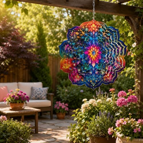 Shwing 12 Inch Wind Spinner Hanging Wind Sculptures Colorful Floral Metal Decor Double Sided Outdoor Kinetic Garden Art 3D Wind Spinner Hanging Ornament for Patio Porch Balcony Backyard Tree Decor - Image 3