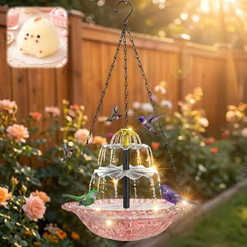 Solar Bird Bath Fountain, Hanging Bird Bath with Solar Powered Water Fountain, Outdoor Bird Bath Bowl with Chain Hook, Garden Patio Balcony Decor, Attract Birds & Keep Water Fresh (Pink) by KTMIES