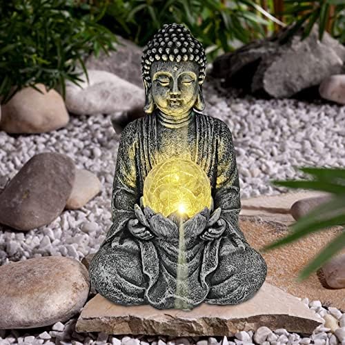 Nacome Meditating Buddha Statue with Solar Light,Zen Solar Garden Buddha with Cracked Glass Ball Sculpture-Indoor/Outdoor Decor for Balcony,Garden,Patio,Porch Yard Art Ornament,Gift - Image 3