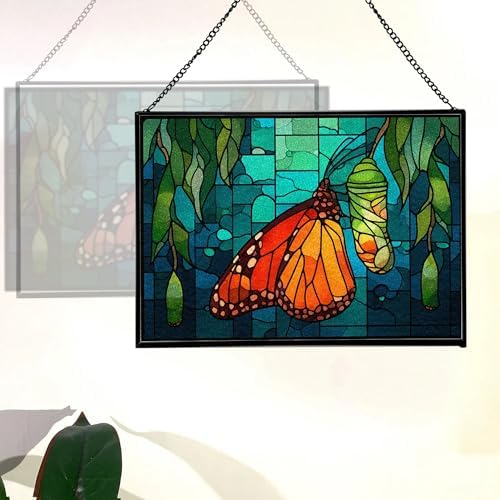 Butterfly Emerging from Chrysalis Rectangular Stained Glass Suncatcher – Hanging Window Panel with Animal & Nature Scene – Vibrant Glass Art Gift for Wildlife, Fantasy, Nature Lovers sx7j5L - Image 3