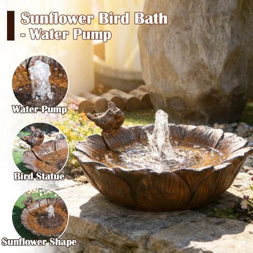 Outdoor Solar Bird Bath with Water Pump Fountain, Two Usage Modes for Hummingbird, 16.9" W Solar Powered Birdbath, Sunflower with Bird, 7 nozzles Water Feature for Garden Backyard Decor (Brown) - Image 3