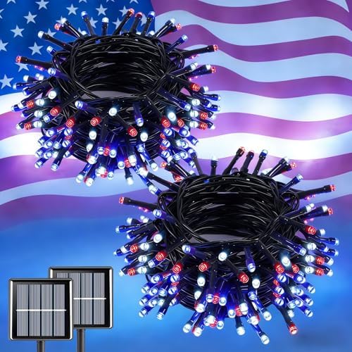 QITONG Red White and Blue Solar String Lights, 2 Pack Each 66ft 200 LED 4th of July Lights Outdoor Waterproof, 8 Modes Green Wire Patriotic Led Lights for Independence Memorial Day Decor by QITONG