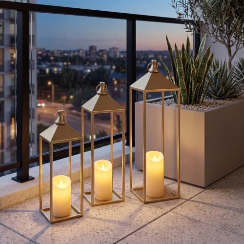 3 Pcs Large Gold Decorative Lanterns with Candles, Metal Candle Lantern - Image 5