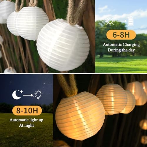 Outdoor Solar String Lantern Lights 30.7FT,Outdoor IP44 Waterproof 20 Lantern Added 1 Lantern Lights,8 Modes Solar Type-C Powered Patio Lights for Backyard Garden Cafe Bistro Party Decor - Image 4