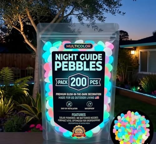 glow in the dark garden pebbles, night guide pebbles & luminous glow stones, 200PCS Colorful Waterproof Outdoor glowing garden stones, Solar Powered stepping stone kit for Garden Pathway Lawn Aquarium - Image 3