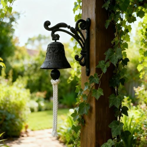 Cast Iron Dinner Bell with Rope, Rustic Outdoor Dinner Bell for Farmhouse, Vintage Metal Doorbell, Wall Mounted Decorative for Porch, Garden, Patio, 5.5 x 4.5 in / 14 x 11.3 cm - Image 2
