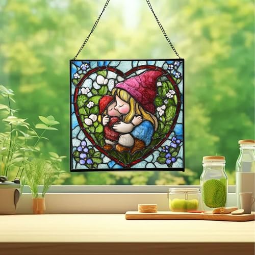 Gnome Hugging Child Stained Glass Suncatcher – Square Hanging Window Panel for Home, Garden, Nursery, Halloween, Christmas, Memorial Day – Whimsical Glass Art Gift for Gnome Lovers bfeiwm - Image 2