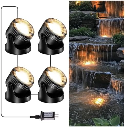 POPOSOAP Pond Lights, 4-in-1 Warm White Underwater Pond Lights, IP68 Waterproof LED Landscape Spotlights for for Pond, Garden, Patio, Fountain, Pool, Waterfall Decoration(4 Head Lamps) by POPOSOAP