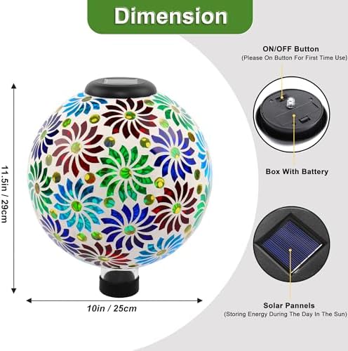 SAVENNA Mosaic Solar Gazing Ball 10 Inch,Glass Garden Globe with Auto On/Off for Yard, Lawn & Outdoor Decor,Multi-Color - Image 2
