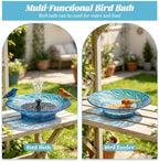 Glass Bird Bath with Solar Fountain, Blue Peacock Feather Pattern - Image 4
