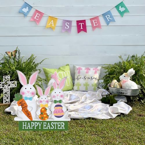 YEAHOME 3 Metal Bunny Decorative Garden Stakes for Easter Decor, Grey, Outdoor Decoration, Cottage Style, Water Resistant, Happy Easter Yard Sign - Image 5