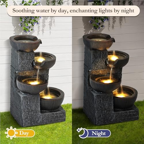 4 Tiered Waterfall Fountains, Outdoor Water Fountains with LED Lights, Garden Outside Brick Waterfalls, Modern Cascading Flow Fountain for Garden, Yard, Patio, Home Decor (Brown) - Image 4