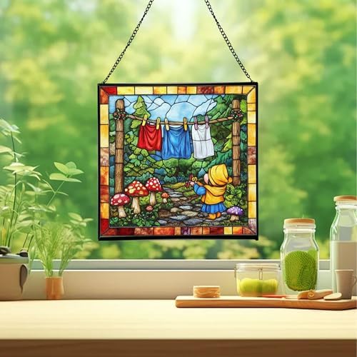 Gnome Hanging Laundry Stained Glass Suncatcher – Square Hanging Window Panel for Home, Garden, Nursery, Halloween, Christmas, Memorial Day – Whimsical Glass Art Gift for Gnome Lovers 01e3a4 - Image 2