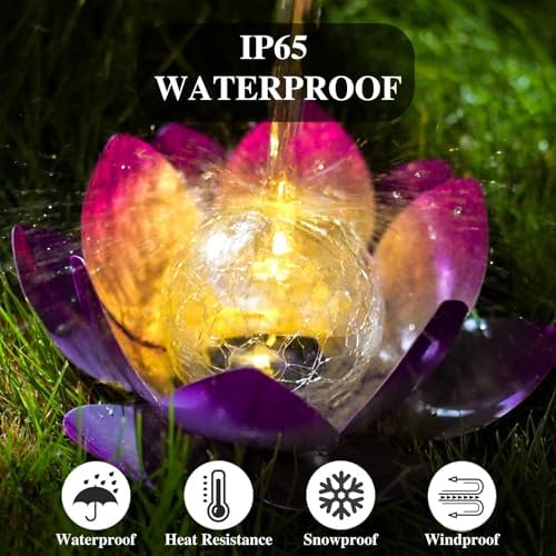 AIINY Solar Light Outdoor Decor Art Crackle Globe Glass Lotus Decoration, Solar LED Waterproof Purple Metal Flower Lights for Patio,Lawn,Walkway,Tabletop(2Pack) - Image 5