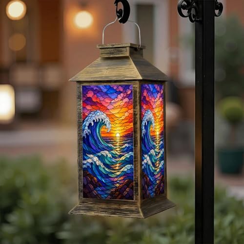 Solar Lantern Outdoor Waterproof Stained Glass Style Ocean Waves Vibrant Sunset Sky Garden Decor LED Hanging Solar Lights Tabletop Lamp Gifts for Women Mom Outside Yard Patio Porch by DERUINVAIO