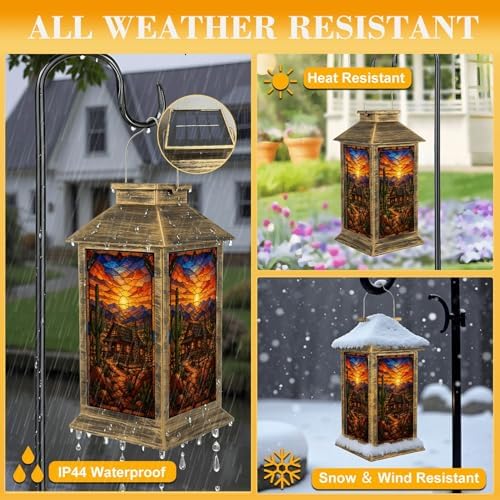 Solar Lantern Outdoor Waterproof Desert Landscape Rustic House Cactus Stained Glass Art Style Garden Decor LED Hanging Solar Lights Tabletop Lamp Gifts for Women Mom Outside Yard Patio Porch - Image 3