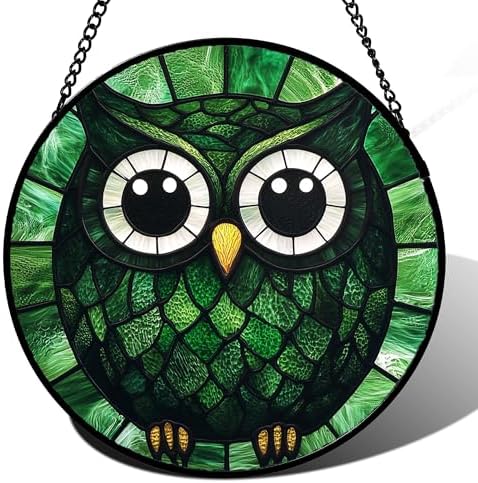 Owl Green Feathers Stained Glass Window Hanging Suncatcher Gifts 12" by Follow