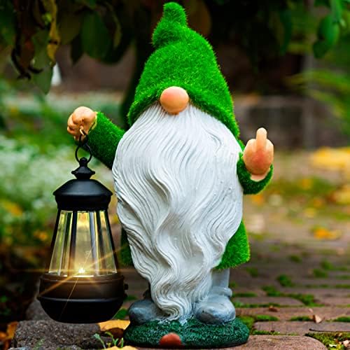 Funny Garden Gnome, 11.8 Inch with Solar Lantern, Outdoor Statues by Redwix