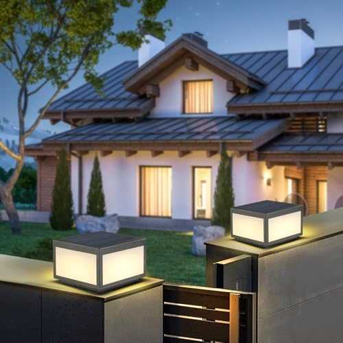Solar Post Lights Outdoor Pillar Light,Solar Cap Column Lighting LED Square Deck Cap Lamp for Flat Surface Patio Garden Decoration, Stainless Steel Lamp Post Dusk to Dawn with IP65 Waterproof（10"x10"） - Image 5