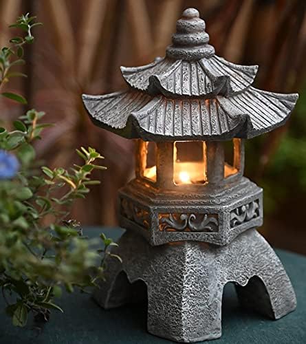 Pagoda Asian Decor Garden Statue with Solar Garden Light - Imitation Stone Pagoda Lantern Outdoor Zen Figurine, Resin (Color : Gray, Size : 5.5" x 5.5" x 10.2") - Image 3