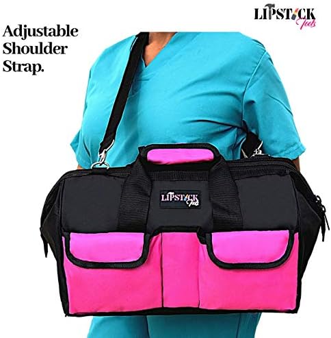 18-Inch Multi-Purpose Zip-Top Pink Storage Wide Mouth Tool Bag Organizer. Great for Home Improvement/Contractors Tools. Heavy Duty Storage Pockets and Shoulder Strap. - Image 3